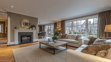 Fototapeta premium Luxurious living room with fireplace, large windows, and comfortable seating.