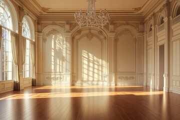 Elegant sunlit ballroom with intricate moldings and gleaming wooden floors