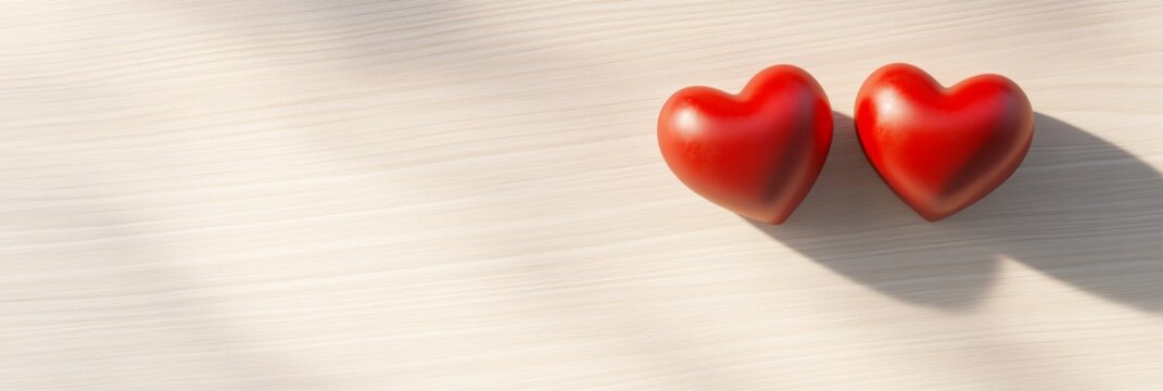 Two vibrant red hearts resting on a light wooden surface, casting long shadows in gentle natural sunlight, evoke a warm and romantic atmosphere for love celebrations