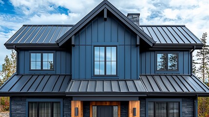 Modern farmhouse with dark blue siding and metal roof.