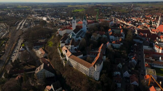 Freisinger Dom Germany, Bavaria aerial view in winter in sunny weather without snow. Dom St. Maria und St. Korbinian in Freising Deutschland, Bayern Luftaufnahme im Winter bei sonnigem Wetter. 