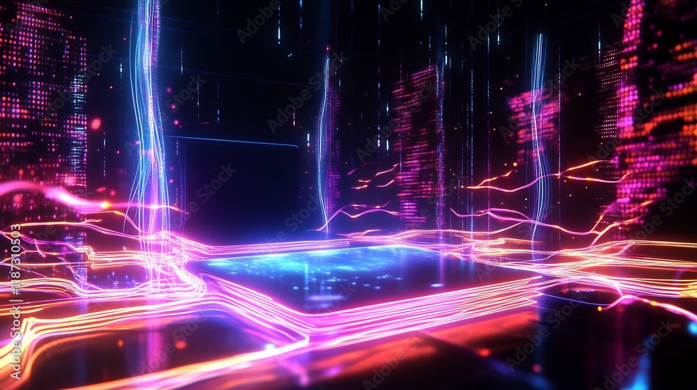 Poster Events visualized glowing holographic stages surrounded radiant abstract data streams