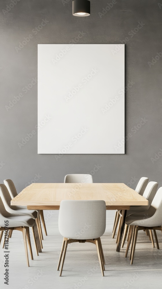 Poster light wooden table and beige chairs surrounding it below a large blank canvas hanging on a gray wall