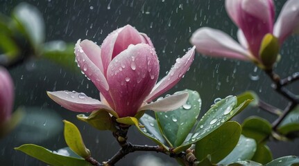 Fototapeta premium Magnolia flower in the rain, water drops on flower, spring flower, magnolia, close-up