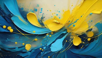 Striking Abstract Artwork Blue and Yellow Paint Splatters Create a Vibrant Textured Mosaic on a Rough Background