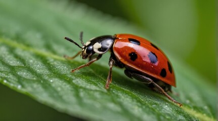 Red ladybug on a green leaf, close-up, macro photo
