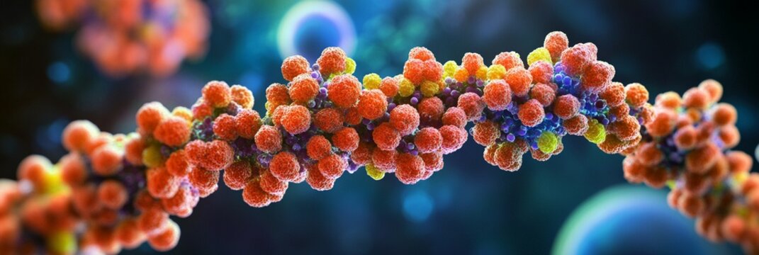 Microscopic view of insulin hormone molecule chain structure in human body showing detailed protein clusters in orange color against blurred dark blue background.