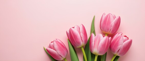 Obraz premium Bouquet of pink tulip flowers on pastel pink background with space for text. Flat plan, top view. Concept Valentine's Day, Easter, Birthday, congratulations on Women's Day, Mother's Day.