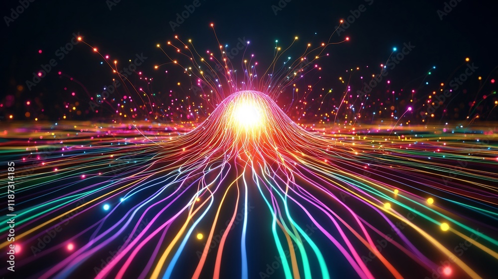 Poster Diversification strategy illustrated luminous multicolored lines branching out a single glowing core