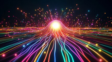 Naklejka premium Diversification strategy illustrated luminous multicolored lines branching out a single glowing core