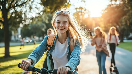 A girl is riding a bike with her friends