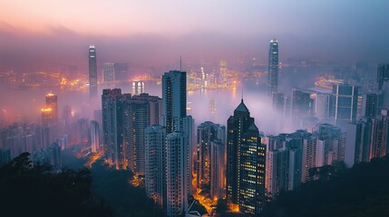 Fototapeta premium Dense cityscape shrouded in fog with skyscrapers in the background. Urban life and environmental concept