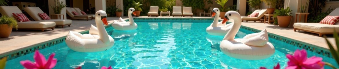 Colorful pool party scene with inflatable swans and floral patterns, balloons, floral