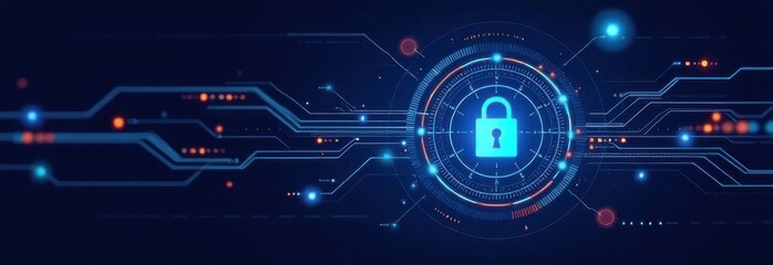 Fototapeta premium Futuristic cyber security system protecting digital information with padlock icon