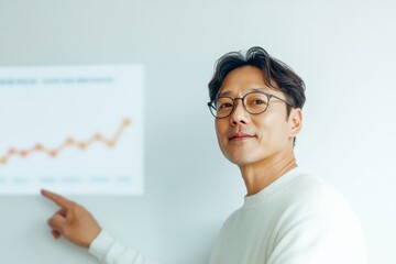 Korean Male Manager Presenting Career Development Data on Digital Screen in Modern Meeting Room, Highlighting Career Trends