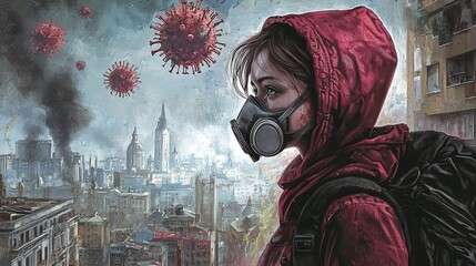 Pandemic chaos impacts urban life cityscape digital art post-apocalyptic environment side view perspective