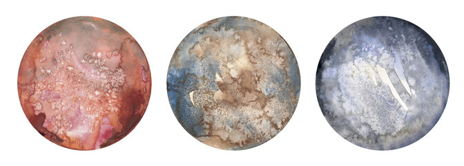 Intricate circular galaxy space planet watercolor patterns in red, brown, and blue blend harmoniously, adding texture and uniqueness to creative, modern, and decorative designs.