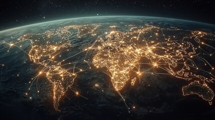 Obraz premium Digital connections illuminate global map technology insights modern era space view connectivity concept