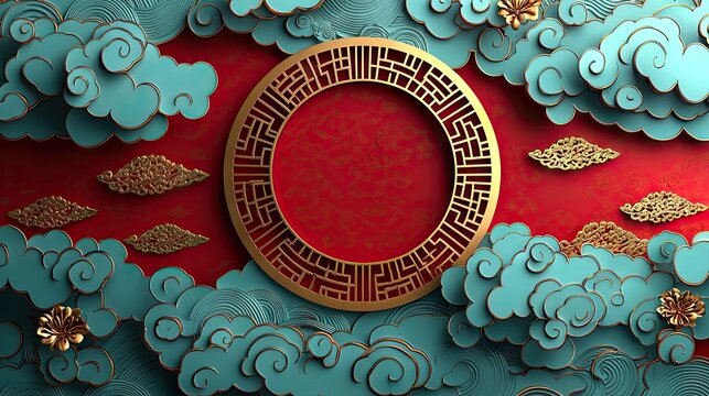 Gold circle frame on red background with turquoise clouds, ideal for festive Asian celebrations.