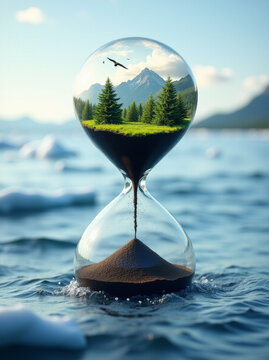 hourglass floating shaky above ocean. In the upper half of the hourglass a green forest landscape with mountains, birds, sunshine. generative AI