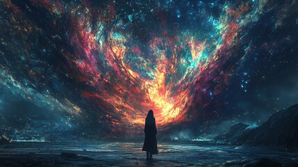 Cosmic transformation event unknown location digital art starry environment abstract viewpoint chaos concept