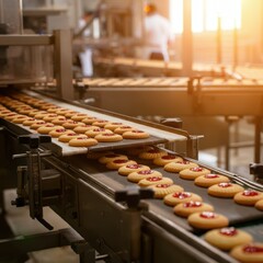 Industrial bakery, conveyor belt, freshly baked cookies, golden pastries, automated production line, food manufacturing, warm lighting, stainless steel equipment, quality control, mass production, sun