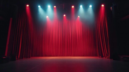 Red stage curtains illuminated by colorful spotlights, creating a dramatic atmosphere.
