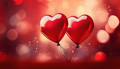 festive valentine s day illustration with two big red heart shaped helium balloons on a blurred background in red tones with bokeh effect