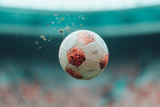 Football Action in Stadium Intense Football Moment Capturing Ball Mid-Air During Daylight Match in Dynamic Football Atmosphere