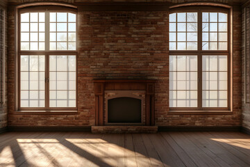 Dark room featuring a brick fireplace wall with large windows, creating a cozy and empty atmosphere for interior design