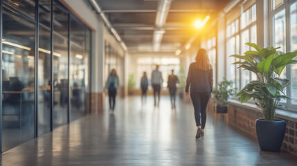 A bright, sunny office hallway, people walking away. The hall features large windows and potted plants