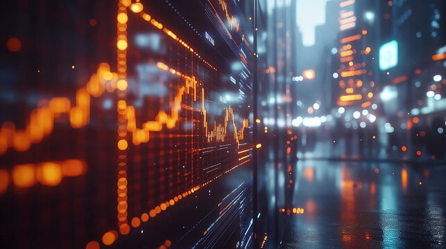  a blurred view of a city street at night with a glowing chart overlay