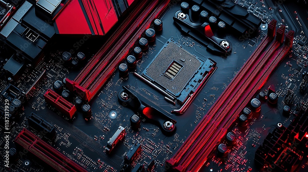 Poster intricate abstract tech computer motherboard with red lines and detail