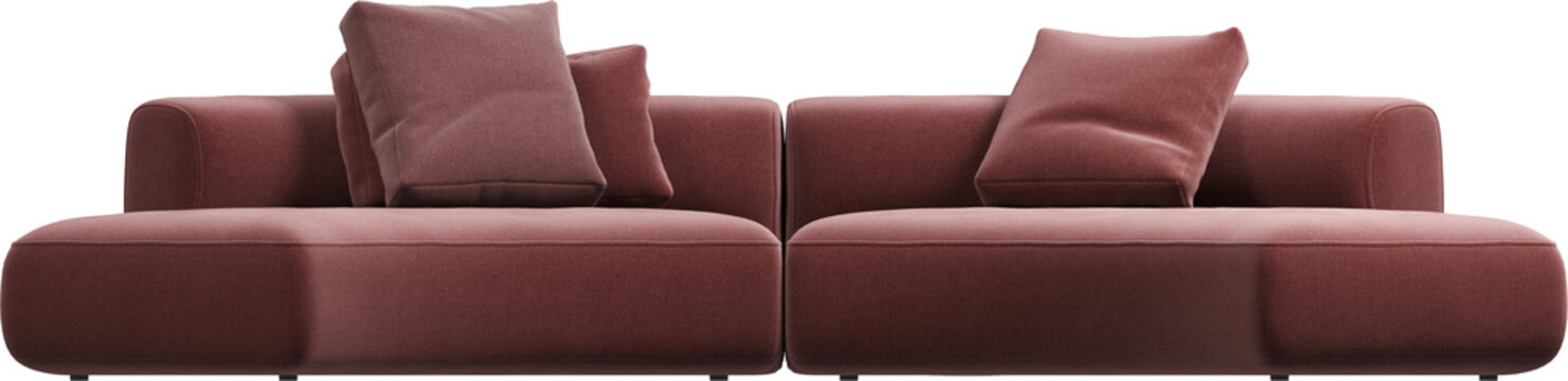 Front view of curved burgundy modular sofa with cushions