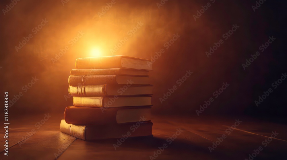 Poster stack of old books on wooden surface illuminated by warm light.