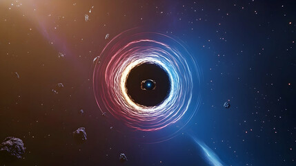 Accretion disk swirling around a black hole in space.