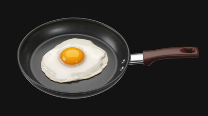 A single fried egg cooks perfectly in a black frying pan with a brown handle.