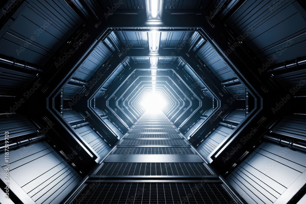 Poster futuristic metallic corridor extending to a bright light at the end, suggesting a journey or advance