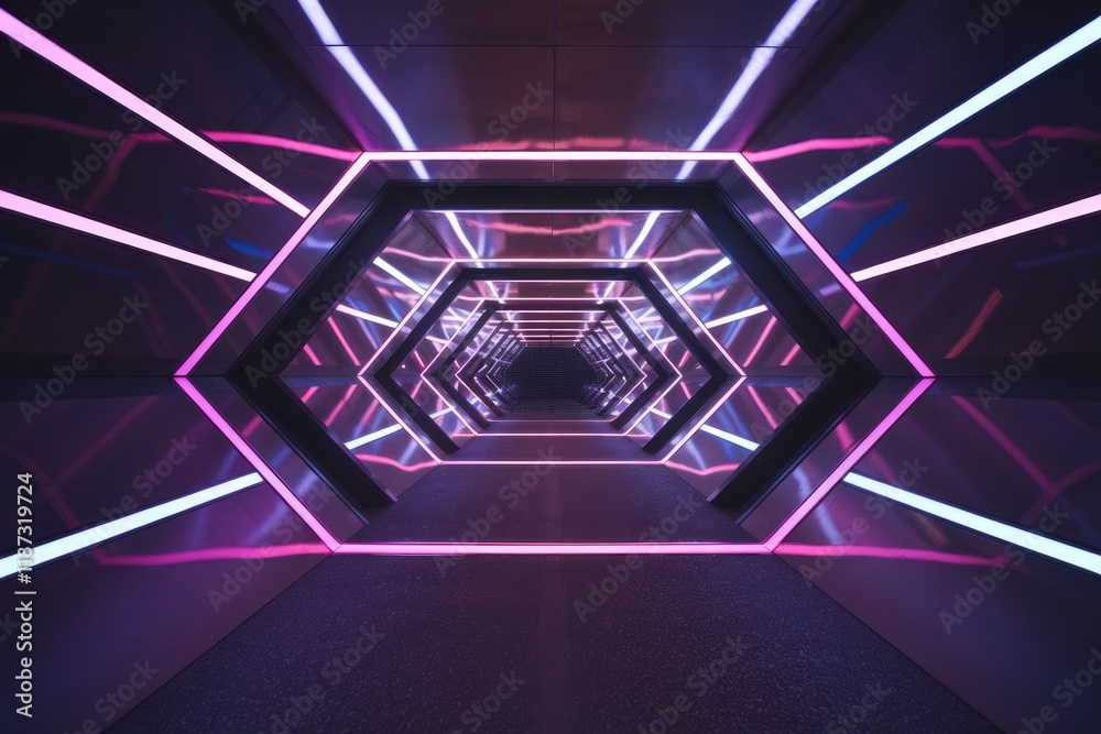 Poster Neon-lit hexagonal tunnel extending into infinity, creating a mesmerizing futuristic scene.