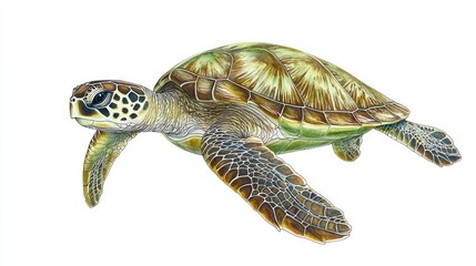 Obraz premium Green sea turtle swimming, isolated on white background. (1)