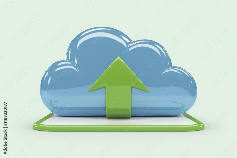 Aufkleber upload to cloud storage, symbolized by a 3d glossy cloud icon with an upward arrow.