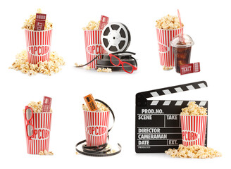 Popcorn, cinema tickets, clapper, glasses, soda drink and film reels on white background, collage. Movie watching