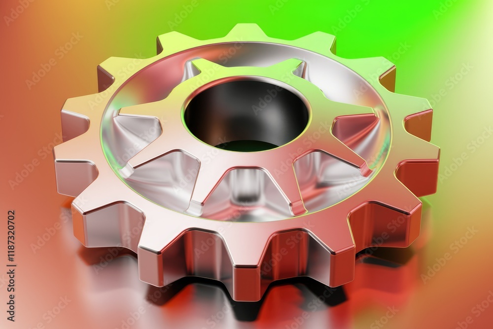 Poster A metallic gear with a gradient color reflecting light, showcasing intricate details and mechanical precision.