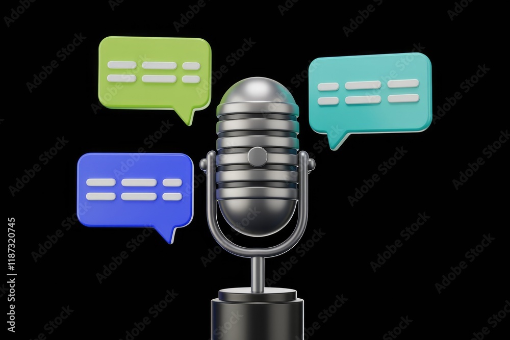 Poster retro microphone with colorful speech bubbles, symbolizing podcasting or communication.
