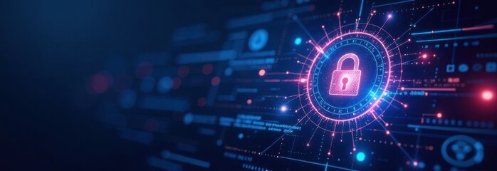 Futuristic cyber security interface protecting digital information with padlock icon