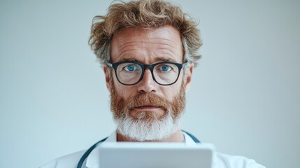 Doctor Focused Male Doctor Analyzing Medical Data in a Bright Clinic Setting with Doctor Tools and Technology