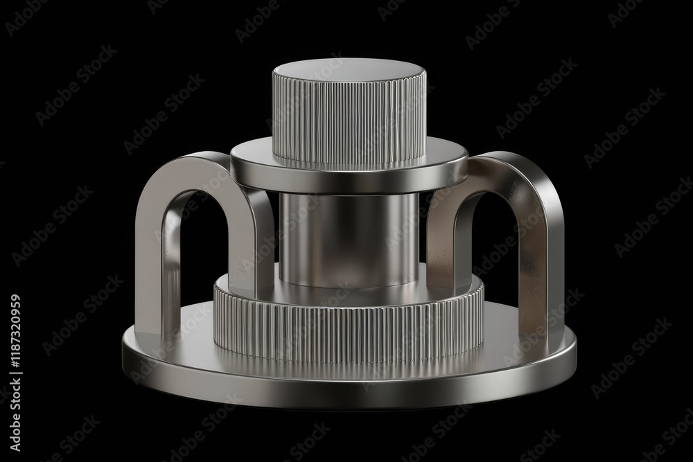 Poster A metallic, cylindrical object with intricate detailing, featuring multiple circular and arched components.