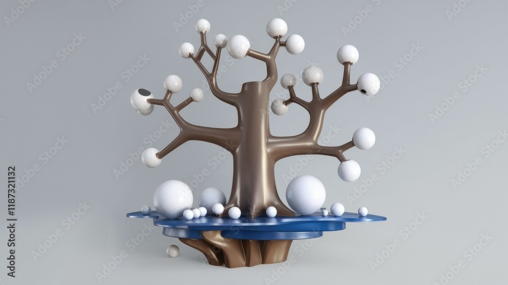 Poster Abstract 3D rendering of a stylized tree with white spheres on brown branches, set on a blue base.