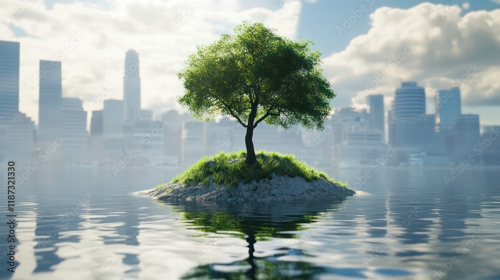 Poster A single tree thrives on a small island in a calm body of water, with a cityscape blurred in the background.