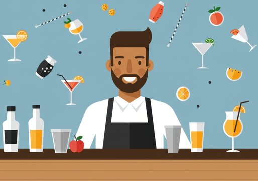 Smiling bartender surrounded by cocktail elements in a colorful flat design illustration